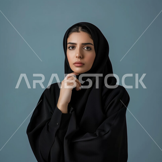مفهوم الأنوثة والنعومة، الاهتمام بالمظهر الخارجي، أزياء محجبات عصرية وأنيقة، الملامح العربية القوية، بورتريه لامرأة عربية خليجية سعودية ترتدي العباية والحجاب تضع يدها على ذقنها بإيماءات التفكير، النظر إلى الكاميرا بتعابير التركيز، خلفية زرقاء