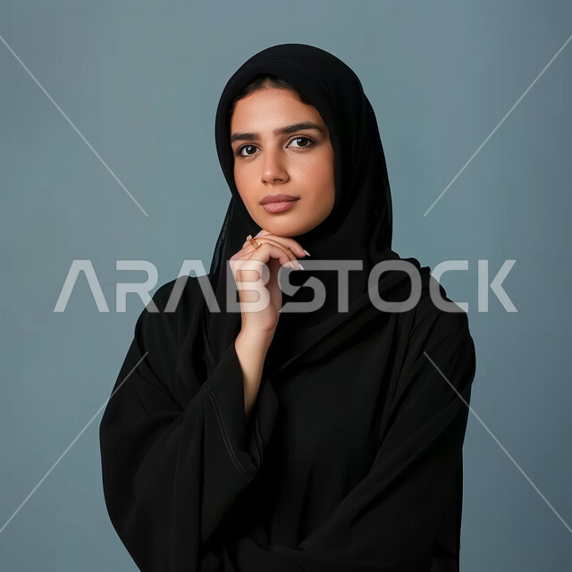 Looking at the camera with expressions of focus, interest in appearance, concept of femininity and softness, modern and elegant veiled fashion, strong Arab features, portrait of a Saudi Arabian Gulf woman wearing an abaya and hijab, putting her hand on her chin with gestures of thinking, blue background