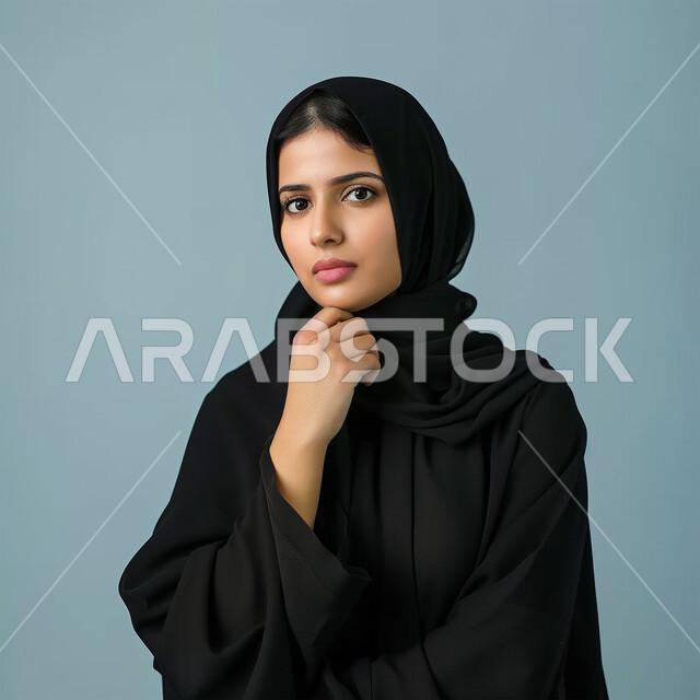 الاهتمام بالمظهر الخارجي، مفهوم الأنوثة والنعومة، أزياء محجبات عصرية وأنيقة، الملامح العربية القوية، بورتريه لامرأة عربية خليجية سعودية ترتدي العباية والحجاب تضع يدها على ذقنها بإيماءات التفكير، النظر إلى الكاميرا بتعابير التركيز، خلفية زرقاء