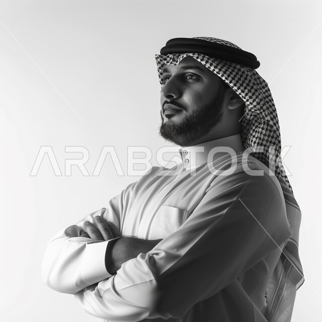 الاهتمام بالمظهر الخارجي، الوقوف بأيدي متقاطعة، مفهوم الأناقة والرجولة، بورتريه من الجانب باللون الأبيض والأسود لرجل عربي خليجي سعودي يرتدي الثوب القليدي والشماغ ينظر إلى شيء ما بإيماءات الحزم والجدية، خلفية رمادية