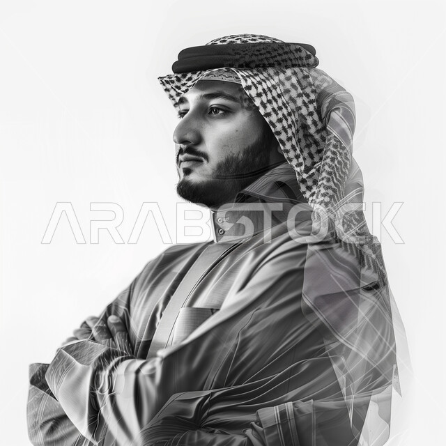 الوقوف بأيدي متقاطعة، الاهتمام بالمظهر الخارجي، مفهوم الأناقة والرجولة، بورتريه من الجانب باللون الأبيض والأسود لرجل عربي خليجي سعودي يرتدي الثوب القليدي والشماغ ينظر إلى شيء ما بإيماءات الحزم والجدية، خلفية بيضاء