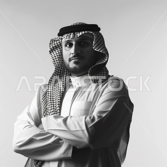 مفهوم الرجولة والقوة، الاهتمام بالمظهر الخارجي، الوقوف بأيدي متقاطعة، بورتريه بالأبيض والأسود لرجل عربي خليجي سعودي يرتدي الثوب القليدي والشماغ ينظر إلى شيء ما بإيماءات الحزم والجدية، خلفية رمادية