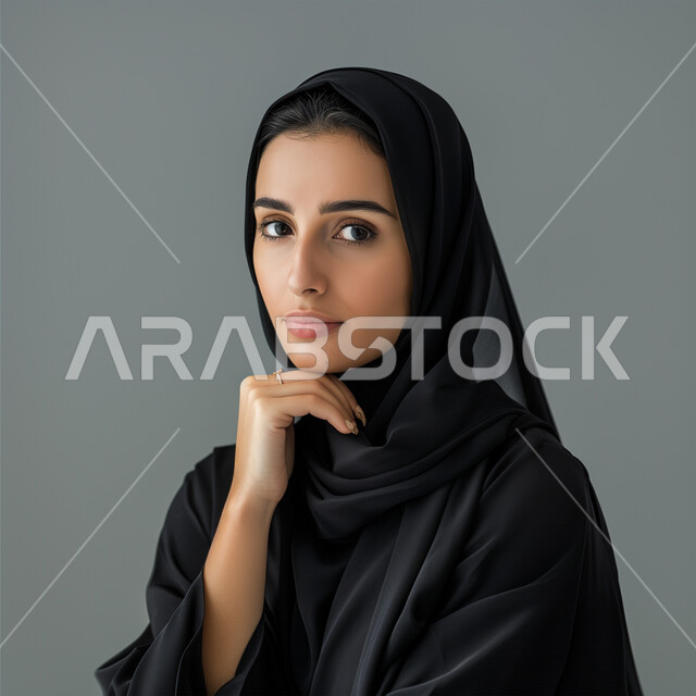 مفهوم الأنوثة والنعومة، الاهتمام بالمظهر الخارجي، أزياء محجبات عصرية وأنيقة، الملامح العربية القوية، بورتريه مقرب لشابةعربية خليجية سعودية ترتدي العباية والحجاب تضع يدها على ذقنها بإيماءات التفكير، النظر إلى الكاميرا بتعابير التركيز، خلفية رمادية