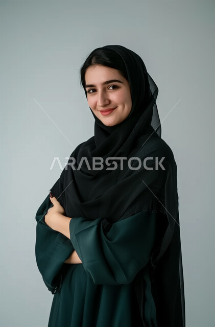 Modern and elegant veiled fashion, strong Arab features, the concept of femininity and softness, attention to external appearance, a portrait of a Saudi Gulf Arab young woman wearing the abaya and hijab, standing with crossed hands, looking at the camera with gestures of joy and pleasure, gray background.