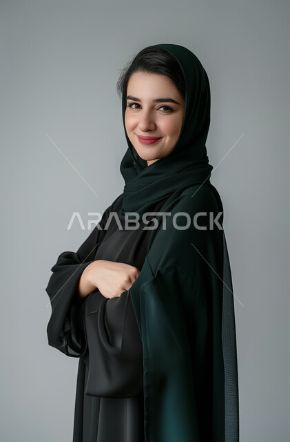 مفهوم الأنوثة والنعومة، الملامح العربية القوية، أزياء محجبات عصرية وأنيقة، الاهتمام بالمظهر الخارجي، بورتريه لشابة عربية خليجية سعودية ترتدي العباية والحجاب تقف بأيدي متقاطعة، النظر الى الكاميرا بإيماءات البهجة والسرور، خلفية رمادية