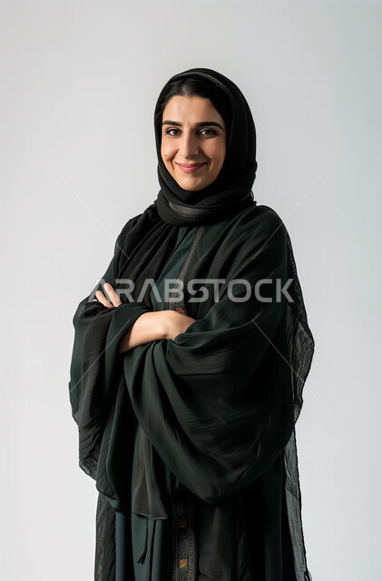 مفهوم الأنوثة والنعومة، الملامح العربية القوية، أزياء محجبات عصرية وأنيقة، الاهتمام بالمظهر الخارجي، بورتريه لشابة عربية خليجية سعودية ترتدي العباية والحجاب تقف بأيدي متقاطعة، النظر الى الكاميرا بإيماءات البهجة والسرور، خلفية رمادية