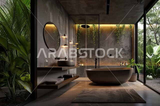 Contemporary black interior bathroom in a modern house, tourist apartments and villas in Saudi Arabia, high-end marble bathroom in a residential building, high-end interior designs and decorations for interior bathrooms and bathtubs in luxury apartments