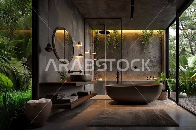 دورة مياه رخاميه راقية في أحد المباني السكنيه، حمام داخلي معاصر باللون الاسود في منزل حديث، شقق وفلل سياحية في السعودية، التصاميم الداخلية والديكورات الراقية للحمامات الداخلية وأحواض الاستحمام في الشقق الفاخرة