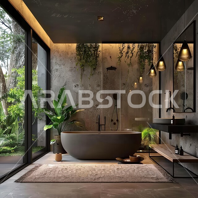 التصاميم الداخلية والديكورات الراقية للحمامات الداخلية وأحواض الاستحمام في الشقق الفاخرة، دورة مياه رخاميه راقية في أحد المباني السكنيه، حمام داخلي معاصر في منزل حديث، شقق وفلل سياحية في السعودية