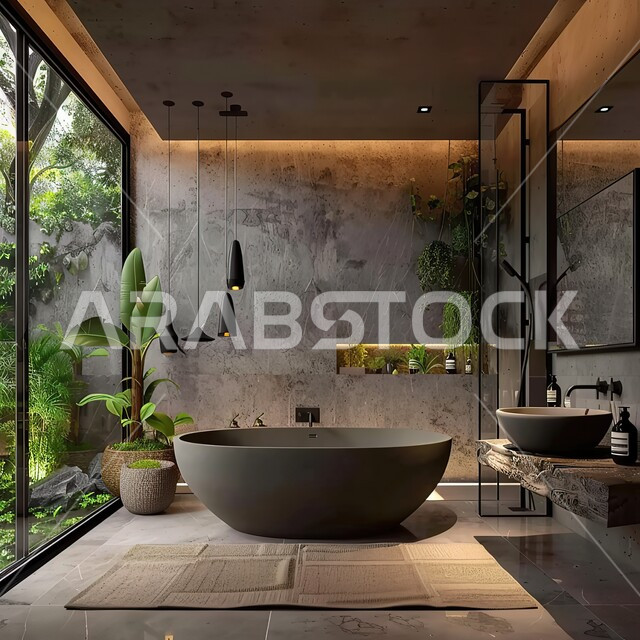 دورة مياه رخاميه راقية في أحد المباني السكنيه، حمام داخلي معاصر باللون الاسود في منزل حديث، شقق وفلل سياحية في السعودية، التصاميم الداخلية والديكورات الراقية للحمامات الداخلية وأحواض الاستحمام في الشقق الفاخرة