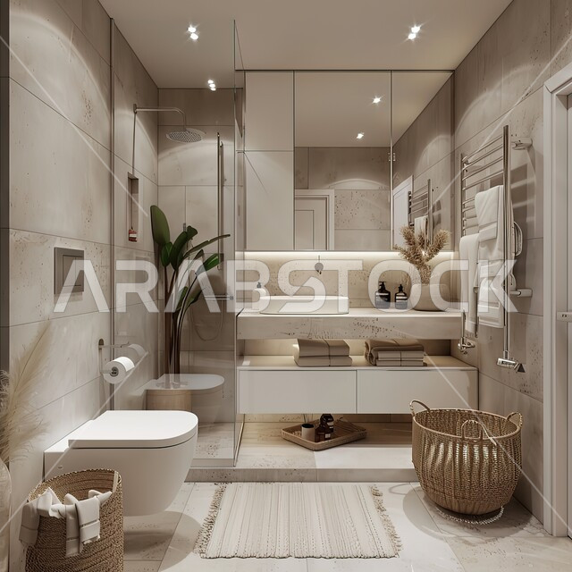 حمام داخلي معاصر باللون الاسود في منزل حديث، شقق وفلل سياحية في السعودية، دورة مياه رخاميه راقية في أحد المباني السكنيه، التصاميم الداخلية والديكورات الراقية للحمامات الداخلية وأحواض الاستحمام في الشقق الفاخرة