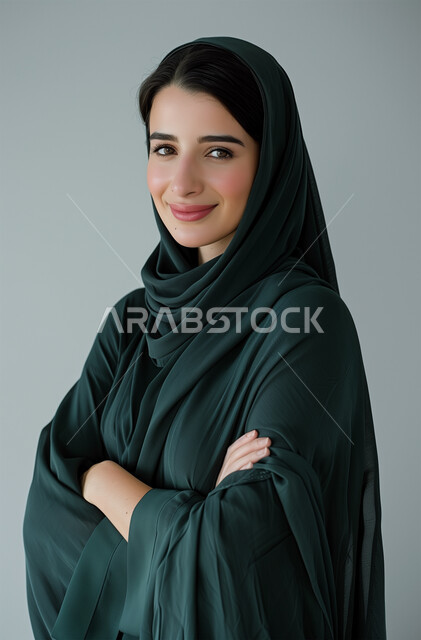 الملامح العربية القوية، أزياء محجبات عصرية وأنيقة، مفهوم الأنوثة والنعومة، الاهتمام بالمظهر الخارجي، بورتريه من الجانب لشابة عربية خليجية سعودية ترتدي العباية والحجاب تقف بأيدي متقاطعة، النظر الى الكاميرا بإيماءات البهجة والسرور، خلفية رمادية