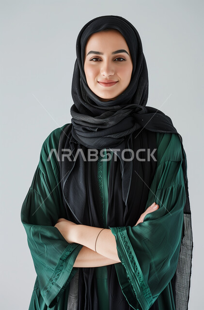 مفهوم الأنوثة والنعومة، الملامح العربية القوية، أزياء محجبات عصرية وأنيقة، الاهتمام بالمظهر الخارجي، بورتريه لشابة عربية خليجية سعودية ترتدي العباية والحجاب تقف بأيدي متقاطعة، النظر الى الكاميرا بإيماءات البهجة والسرور، خلفية رمادية