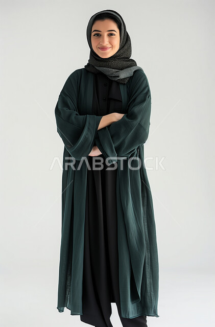 Modern and elegant veiled fashion, strong Arab features, the concept of femininity and softness, attention to external appearance, a portrait of a Saudi Gulf Arab young woman wearing the abaya and hijab, standing with crossed hands, looking at the camera with gestures of joy and pleasure, gray background.