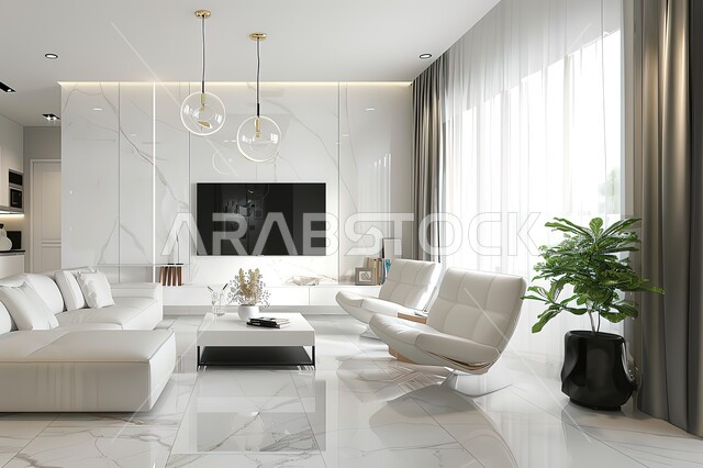فن الهندسة المعمارية والديكور في الفلل والشقق السكنية، التصاميم الداخلية لغرف الجلوس على الطراز الحديث، غرفة معيشة مع أثاث منزلي فاخر باللون الابيض، طاولة صغيرة بجانب اريكة مريحة مع تلفاز
