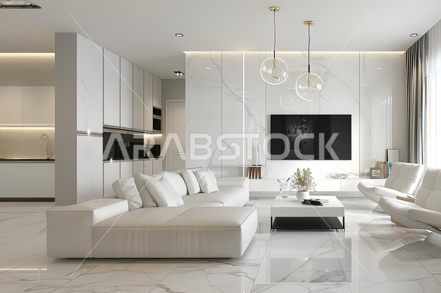 التصاميم الداخلية لغرف الجلوس على الطراز الحديث، فن الهندسة المعمارية والديكور في الفلل والشقق السكنية، غرفة معيشة مع أثاث منزلي فاخر باللون الابيض، طاولة صغيرة بجانب اريكة مريحة مع تلفاز