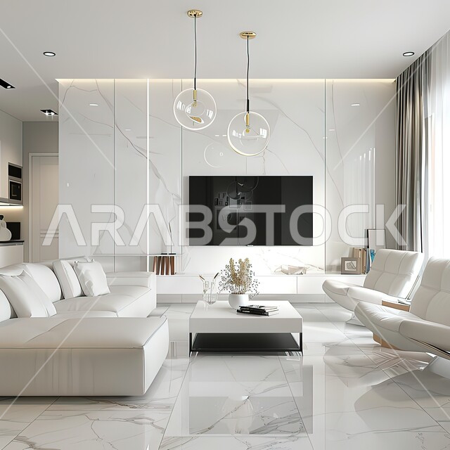 فن الهندسة المعمارية والديكور في الفلل والشقق السكنية، التصاميم الداخلية لغرف الجلوس على الطراز الحديث، غرفة معيشة مع أثاث منزلي فاخر باللون الابيض، طاولة صغيرة بجانب اريكة مريحة مع تلفاز