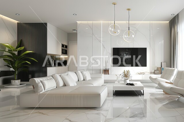 التصاميم الداخلية لغرف الجلوس على الطراز الحديث، فن الهندسة المعمارية والديكور في الفلل والشقق السكنية، غرفة معيشة مع أثاث منزلي فاخر باللون الابيض، طاولة صغيرة بجانب اريكة مريحة مع تلفاز