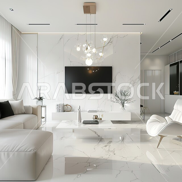 طاولة صغيرة بجانب اريكة مريحة مع تلفاز، التصاميم الداخلية لغرف الجلوس على الطراز الحديث، فن الهندسة المعمارية والديكور في الفلل والشقق السكنية، غرفة معيشة مع أثاث منزلي فاخر باللون الابيض