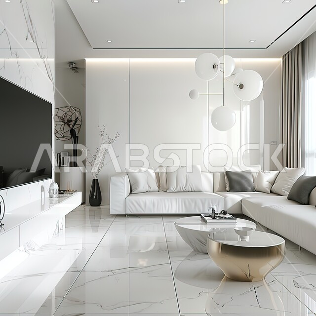 طاولة صغيرة بجانب اريكة مريحة مع تلفاز، التصاميم الداخلية لغرف الجلوس على الطراز الحديث، فن الهندسة المعمارية والديكور في الفلل والشقق السكنية، غرفة معيشة مع أثاث منزلي فاخر باللون الابيض