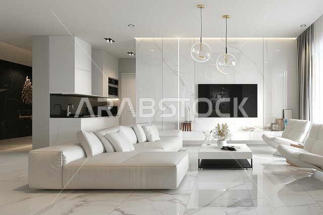 فن الهندسة المعمارية والديكور في الفلل والشقق السكنية، التصاميم الداخلية لغرف الجلوس على الطراز الحديث، غرفة معيشة مع أثاث منزلي فاخر باللون الابيض، طاولة صغيرة بجانب اريكة مريحة مع تلفاز