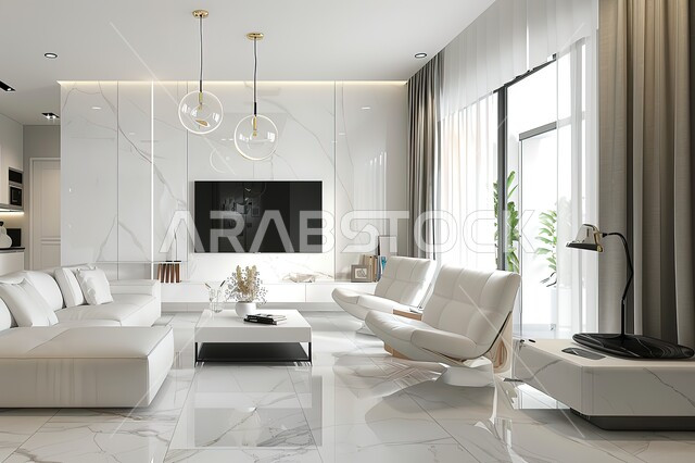 التصاميم الداخلية لغرف الجلوس على الطراز الحديث، فن الهندسة المعمارية والديكور في الفلل والشقق السكنية، غرفة معيشة مع أثاث منزلي فاخر باللون الابيض، طاولة صغيرة بجانب اريكة مريحة مع تلفاز