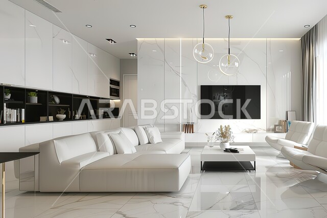 طاولة صغيرة بجانب اريكة مريحة مع تلفاز، التصاميم الداخلية لغرف الجلوس على الطراز الحديث، فن الهندسة المعمارية والديكور في الفلل والشقق السكنية، غرفة معيشة مع أثاث منزلي فاخر باللون الابيض