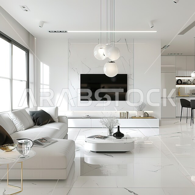 التصاميم الداخلية لغرف الجلوس على الطراز الحديث، فن الهندسة المعمارية والديكور في الفلل والشقق السكنية، غرفة معيشة مع أثاث منزلي فاخر باللون الابيض، طاولة صغيرة بجانب اريكة مريحة مع تلفاز