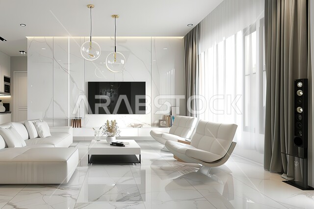 فن الهندسة المعمارية والديكور في الفلل والشقق السكنية، التصاميم الداخلية لغرف الجلوس على الطراز الحديث، غرفة معيشة مع أثاث منزلي فاخر باللون الابيض، طاولة صغيرة بجانب اريكة مريحة مع تلفاز