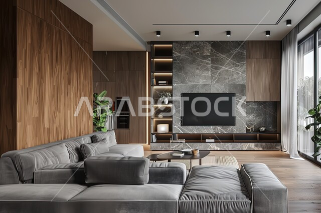 طاولة مستديرة بجانب اريكة مريحة و تلفاز، التصاميم الداخلية لغرف الجلوس على الطراز الحديث، فن الهندسة المعمارية والديكور في الفلل والشقق السكنية، غرفة معيشة مع أثاث منزلي فاخر باللون الاسود، تحف واكسسوارات فاخرة