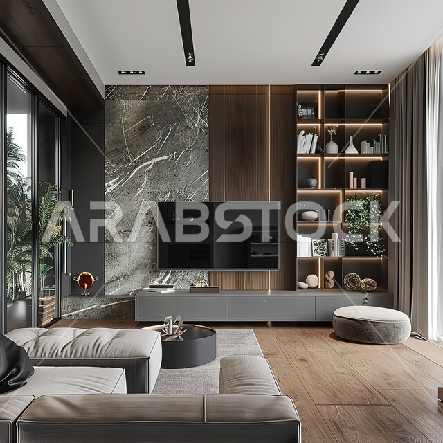 التصاميم الداخلية لغرف الجلوس على الطراز الحديث، طاولة مستديرة بجانب اريكة مريحة و تلفاز، فن الهندسة المعمارية والديكور في الفلل والشقق السكنية، غرفة معيشة مع أثاث منزلي فاخر باللون الاسود، تحف واكسسوارات فاخرة