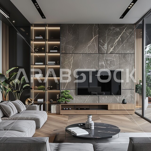 التصاميم الداخلية لغرف الجلوس على الطراز الحديث، طاولة مستديرة بجانب اريكة مريحة و تلفاز، فن الهندسة المعمارية والديكور في الفلل والشقق السكنية، غرفة معيشة مع أثاث منزلي فاخر باللون الاسود، تحف واكسسوارات فاخرة