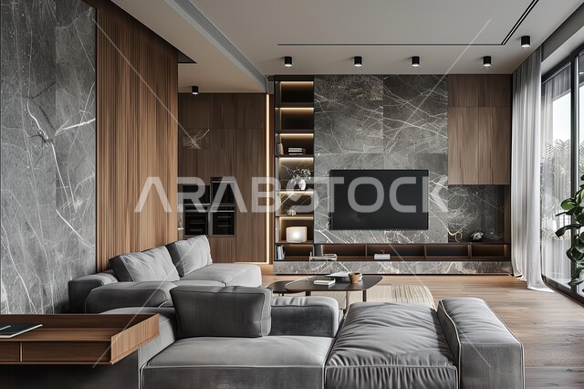 طاولة مستديرة بجانب اريكة مريحة و تلفاز، التصاميم الداخلية لغرف الجلوس على الطراز الحديث، فن الهندسة المعمارية والديكور في الفلل والشقق السكنية، غرفة معيشة مع أثاث منزلي فاخر باللون الاسود، تحف واكسسوارات فاخرة