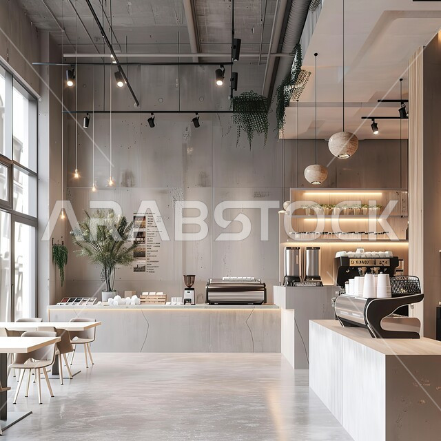 الديكورات والتصاميم الداخلية للكافيهات والمطاعم، الفن الهندسي المعماري على الطراز الحديث، أثاث داخلي راقي باللونين الابيض والبيج لمطعم في المملكة العربية السعودية، صالة مقهى بديكورات وألوان جذابة