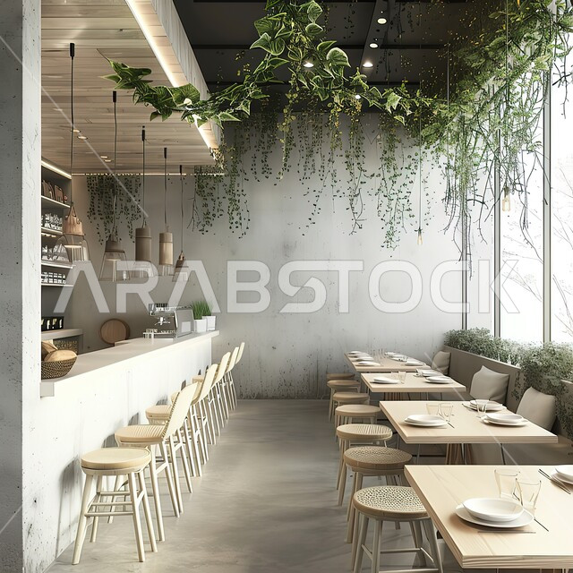 صالة مقهى بديكورات وألوان جذابة، أثاث داخلي راقي باللونين الابيض والبيج لمطعم في المملكة العربية السعودية، الفن الهندسي المعماري على الطراز الحديث، الديكورات والتصاميم الداخلية للكافيهات والمطاعم
