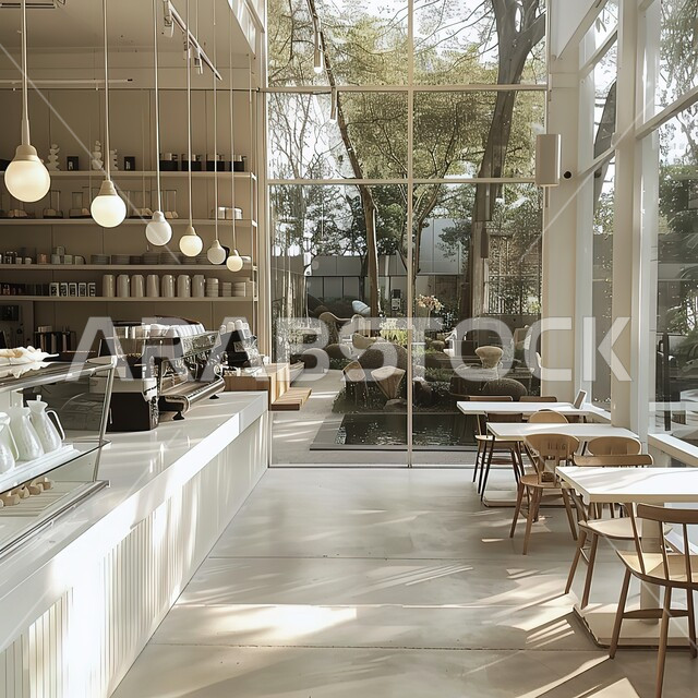 الفن الهندسي المعماري على الطراز الحديث، الديكورات والتصاميم الداخلية للكافيهات والمطاعم، أثاث داخلي راقي باللونين الابيض والبيج لمطعم في المملكة العربية السعودية، صالة مقهى بديكورات وألوان جذابة