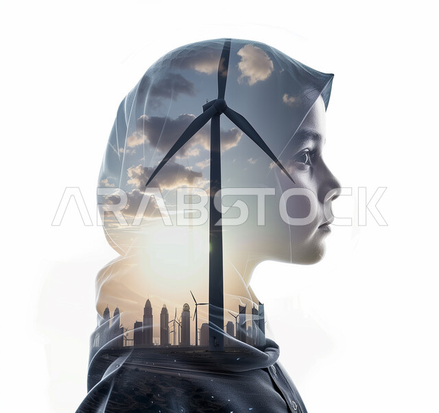 مفهوم إنتاج الطاقة البديلة الصديقة للبيئة، رؤية مستقبلية سعودية ٢٠٣٠، بورتريه مقرب من الجانب لفتاة عربية خليجية سعودية محجبة مدموجة بمراوح طاقة الرياح وأبراج المملكة، خلفية بيضاء 