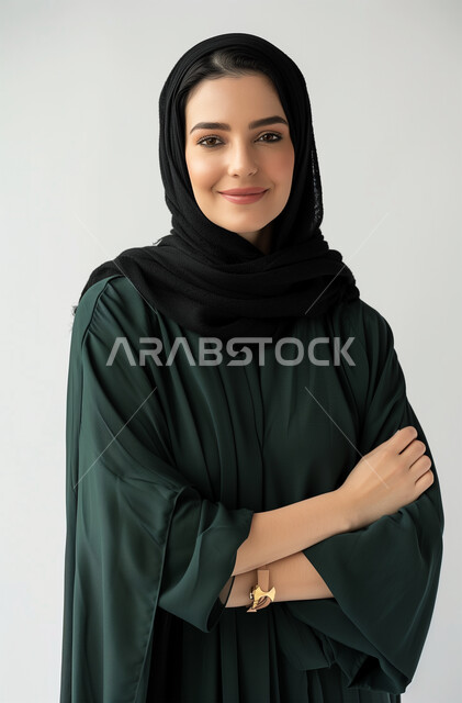 Caring about appearance, looking at the camera with gestures of joy and pleasure, the concept of femininity and softness, strong Arab features, modern and elegant veiled fashion, portrait of a young Saudi Arabian Gulf woman wearing an abaya and hijab standing with crossed hands, gray background