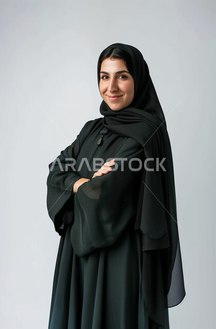 Looking at the camera with gestures of joy and pleasure, the concept of femininity and softness, strong Arab features, modern and elegant veiled fashion, attention to external appearance, a portrait of a Saudi Gulf Arab young woman wearing an abaya and hijab, standing with crossed hands, gray background