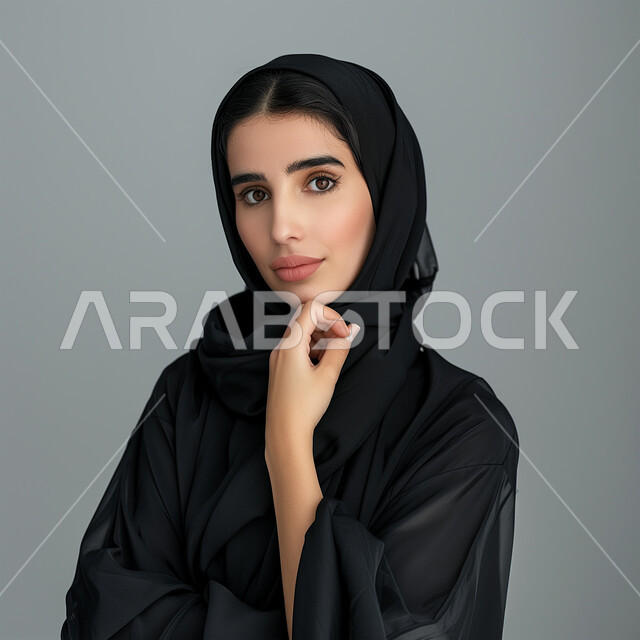 الاهتمام بالمظهر الخارجي، مفهوم الأنوثة والنعومة، أزياء محجبات عصرية وأنيقة، الملامح العربية القوية، بورتريه مقرب لشابةعربية خليجية سعودية ترتدي العباية والحجاب تضع يدها على ذقنها بإيماءات التفكير، النظر إلى الكاميرا بتعابير التركيز، خلفية رمادية