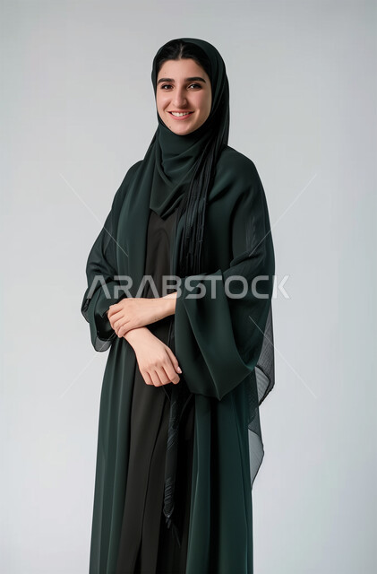 تعابير الخجل والحياء، النظر إلى الكاميرا بإيماءات البهجة والسرور، مفهوم الأنوثة والنعومة، الملامح العربية القوية، أزياء محجبات عصرية وأنيقة، الاهتمام بالمظهر الخارجي، بورتريه لشابة عربية خليجية سعودية محجبة ترتدي العباية تقف بأيدي متشابكة، خلفية رمادية