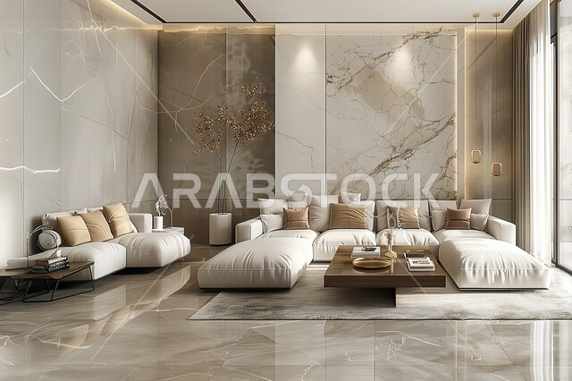 فن الهندسة المعمارية والديكور في الفلل والشقق السكنية، التصاميم الداخلية لغرف الجلوس على الطراز الحديث، غرفة معيشة مع أثاث منزلي فاخر باللون البيج، تحف واكسسوارات فاخرة، طاولة صغيرة بجانب اريكة مريحة