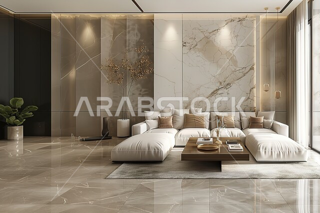 Architecture and decoration art in villas and residential apartments, interior designs of living rooms in modern style, living room with luxury beige home furniture, luxury antiques and accessories, small table next to a comfortable sofa