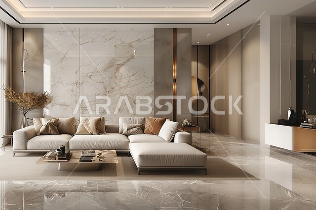 Architecture and decoration art in villas and residential apartments, interior designs of living rooms in modern style, living room with luxury beige home furniture, luxury antiques and accessories, small table next to a comfortable sofa