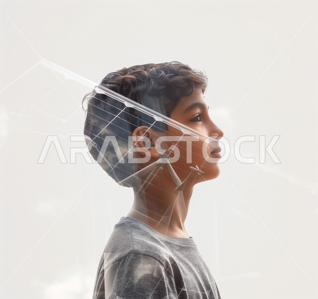 Saudi Vision 2030, achieving the industrial revolution, the concept of producing environmentally friendly alternative energy in the Kingdom, side portrait of a Saudi Arabian Gulf child integrated with solar panels, white background