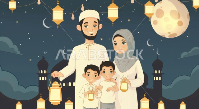قدوم شهر رمضان المبارك، فوانيس وزينة واضاءة شهر الخير، رموز دينية اسلامية، رسم توضيحي ثلاثي الابعاد لعائلة مسلمة عربية خليجية سعودية ينظرون الى الكاميرا بإيماءات السعادة، الاحتفال بالأجواء الرمضانية الروحانية مع الابناء، خلفية المساجد الاسلامية في وقت الليل