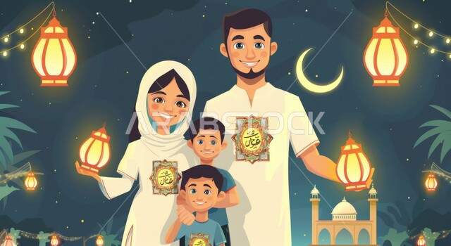 الاحتفال بقدوم الاعياد و المناسبات الدينية مع الابناء، فوانيس وزينة واضاءة شهر الخير، الأجواء الرمضانية الروحانية، رسم توضيحي ثلاثي الابعاد لعائلة مسلمة عربية خليجية سعودية ينظرون الى الكاميرا بإيماءات السعادة، خلفية السماء مع الهلال في وقت الليل