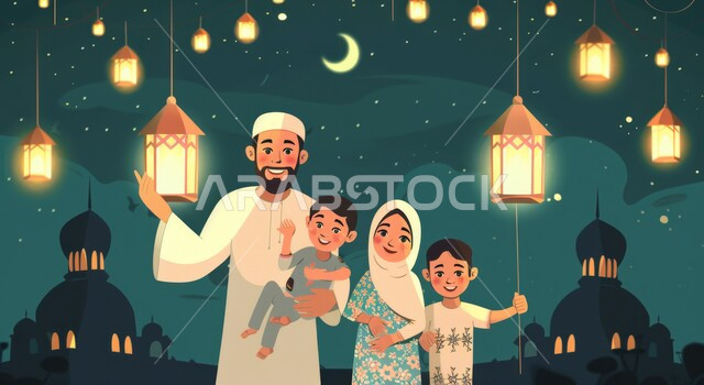 قدوم شهر رمضان المبارك، فوانيس وزينة واضاءة شهر الخير، رموز دينية اسلامية، رسم توضيحي ثلاثي الابعاد لعائلة مسلمة عربية خليجية سعودية ينظرون الى الكاميرا بإيماءات السعادة، الاحتفال بالأجواء الرمضانية الروحانية مع الابناء، خلفية المساجد الاسلامية في وقت الليل
