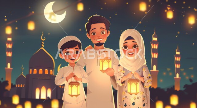 الاحتفال بالأجواء الرمضانية الروحانية مع الابناء، قدوم شهر رمضان المبارك، فوانيس وزينة واضاءة شهر الخير، رموز دينية اسلامية، رسم توضيحي ثلاثي الابعاد لعائلة مسلمة عربية خليجية سعودية ينظرون الى الكاميرا بإيماءات السعادة،  خلفية المساجد الاسلامية في وقت الليل