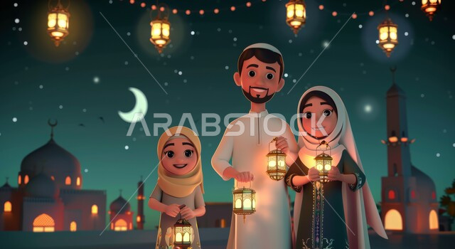  فوانيس وزينة واضاءة شهر الخير، رسم توضيحي ثلاثي الابعاد لعائلة مسلمة عربية خليجية سعودية ينظرون الى الكاميرا بإيماءات السعادة، رموز دينية اسلامية، الاحتفال بالأجواء الرمضانية الروحانية مع الابناء، قدوم شهر رمضان المبارك، خلفية المساجد الاسلامية في وقت الليل